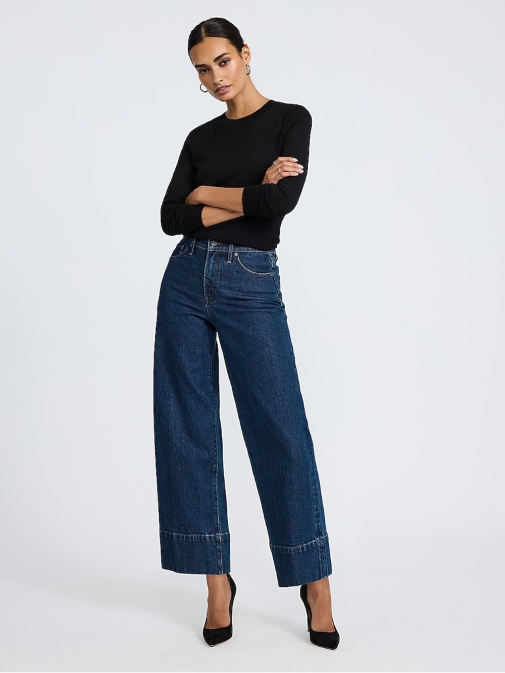High Waisted Dark Wash Tall Hem Wide Leg Ankle Jeans - Picture 6 of 12